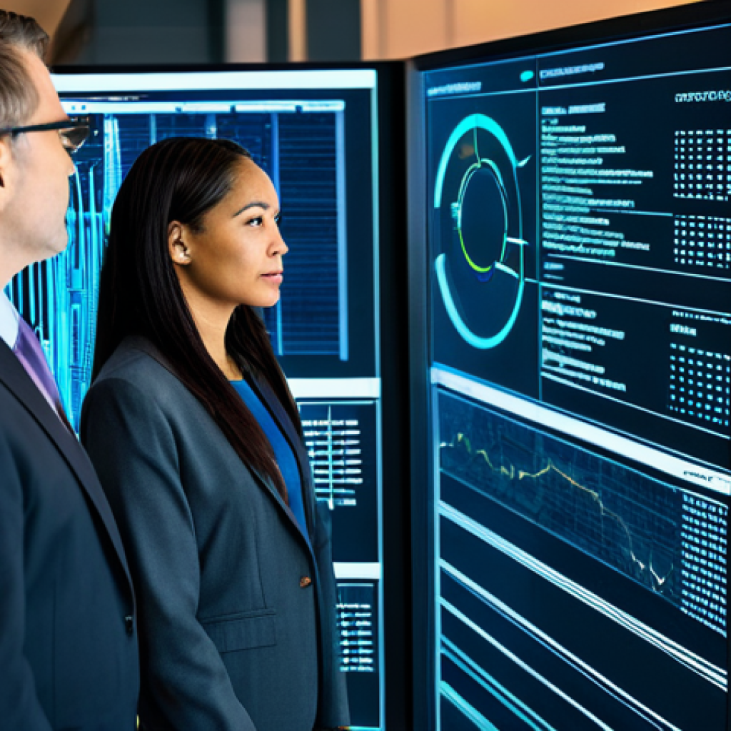 ** A diverse group of five professional business executives, fully clothed in modest business attire, gathered around a holographic display in a high-tech corporate security operations center. They are observing secure data flows and compliance metrics on the interactive screen. The background features glowing server racks and abstract digital network lines, emphasizing data integrity and protection. The image is professional photography, with perfect anatomy, correct proportions, well-formed hands, proper finger count, and natural body proportions. This scene is safe for work, appropriate content, and depicts a professional, family-friendly environment.

**