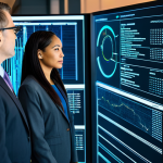 ** A diverse group of five professional business executives, fully clothed in modest business attire, gathered around a holographic display in a high-tech corporate security operations center. They are observing secure data flows and compliance metrics on the interactive screen. The background features glowing server racks and abstract digital network lines, emphasizing data integrity and protection. The image is professional photography, with perfect anatomy, correct proportions, well-formed hands, proper finger count, and natural body proportions. This scene is safe for work, appropriate content, and depicts a professional, family-friendly environment.

**