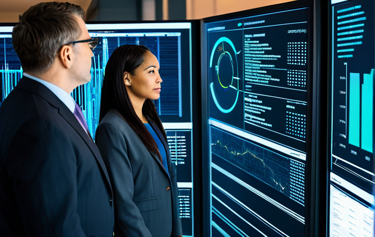 ** A diverse group of five professional business executives, fully clothed in modest business attire, gathered around a holographic display in a high-tech corporate security operations center. They are observing secure data flows and compliance metrics on the interactive screen. The background features glowing server racks and abstract digital network lines, emphasizing data integrity and protection. The image is professional photography, with perfect anatomy, correct proportions, well-formed hands, proper finger count, and natural body proportions. This scene is safe for work, appropriate content, and depicts a professional, family-friendly environment.
**