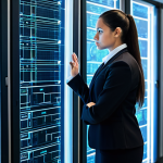 A professional female cybersecurity consultant in a modest business suit, with correct proportions and perfect anatomy, standing in a sleek, modern server room. She is looking intently at a large, transparent digital display showing complex network diagrams and data flow, with subtle glowing lines indicating unseen vulnerabilities being identified. The background is clean and futuristic, emphasizing secure infrastructure. The image conveys intelligent analysis and proactive defense. The consultant has well-formed hands and natural pose. Safe for work, appropriate content, fully clothed, professional, high quality, digital art.