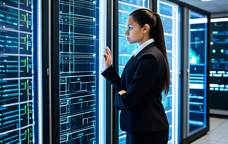 A professional female cybersecurity consultant in a modest business suit, with correct proportions and perfect anatomy, standing in a sleek, modern server room. She is looking intently at a large, transparent digital display showing complex network diagrams and data flow, with subtle glowing lines indicating unseen vulnerabilities being identified. The background is clean and futuristic, emphasizing secure infrastructure. The image conveys intelligent analysis and proactive defense. The consultant has well-formed hands and natural pose. Safe for work, appropriate content, fully clothed, professional, high quality, digital art.